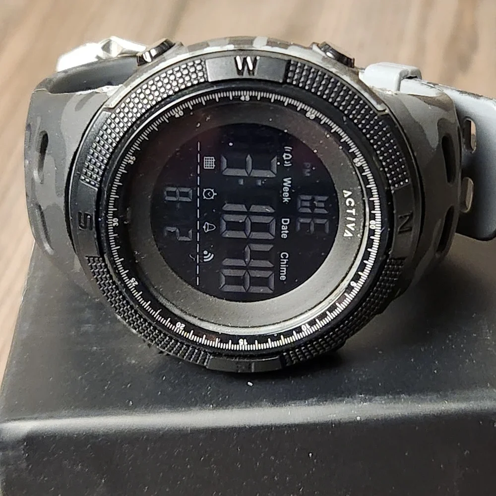 Activa Digital Watch Mens OS Grey Black Camo Sport Alarm Chronograph
